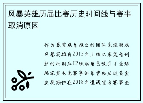 风暴英雄历届比赛历史时间线与赛事取消原因