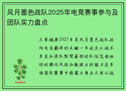 风月墨色战队2025年电竞赛事参与及团队实力盘点